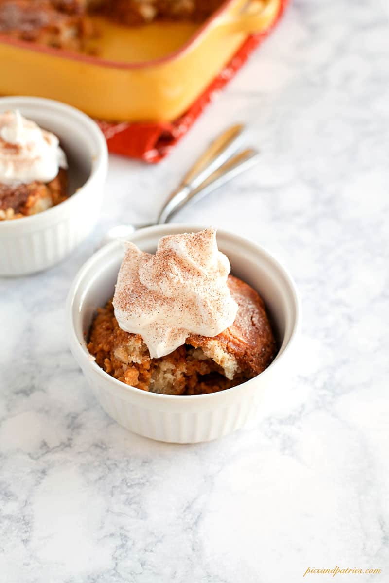 pumpkin snickerdoodle cobbler in a white ramekin