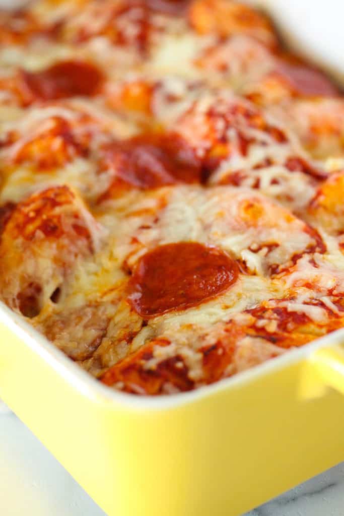 Bubble Pizza in a yellow casserole dish