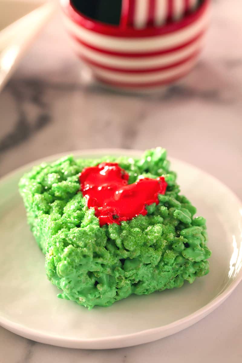 Grinch Marshmallow Treat on a white plate