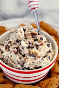 bowl of chocolate chip dip with a spoon inside the dip ready to be served