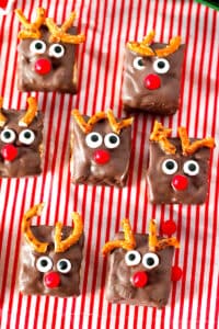 Several rudolph rice krispie treats on a tray